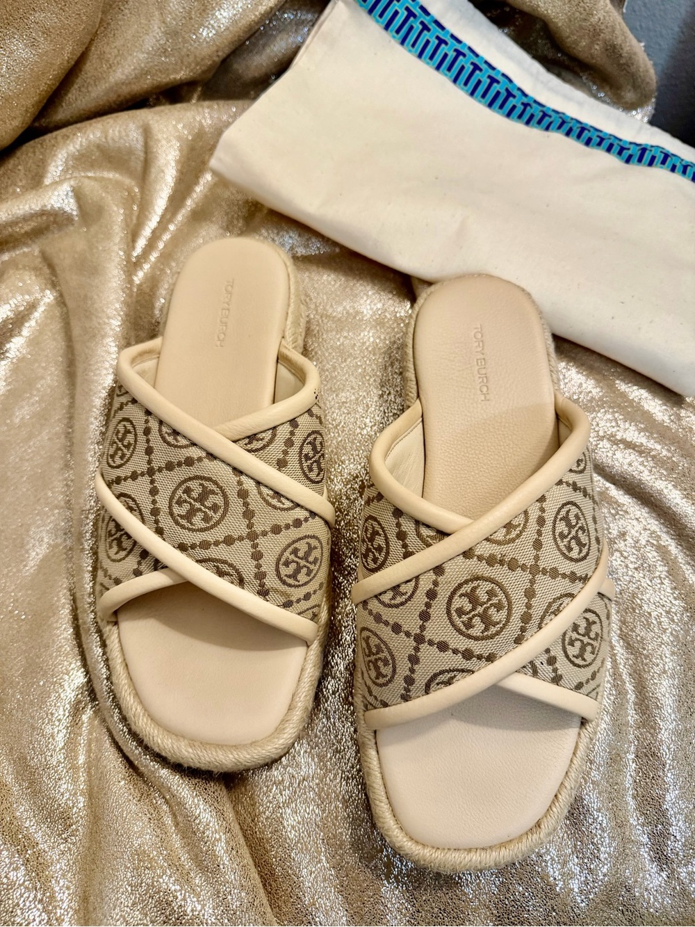 Tory Burch T Monogram Criss Cross Slide Sandals.